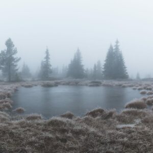 Tåkete panoramabilde av frostkledd myr tatt Nordseter